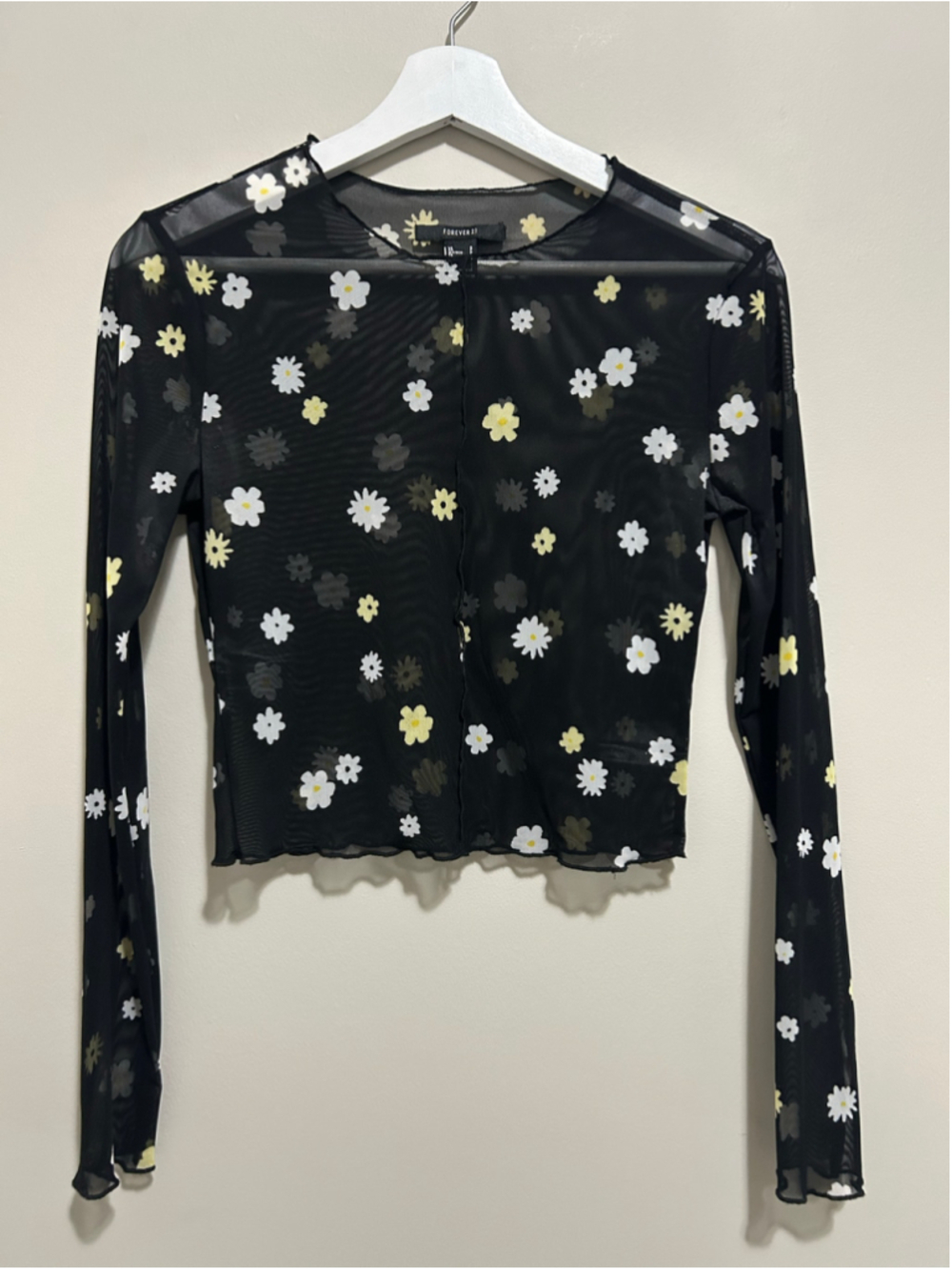 Women's Long Sleeve Mesh Floral Top Black White Size S